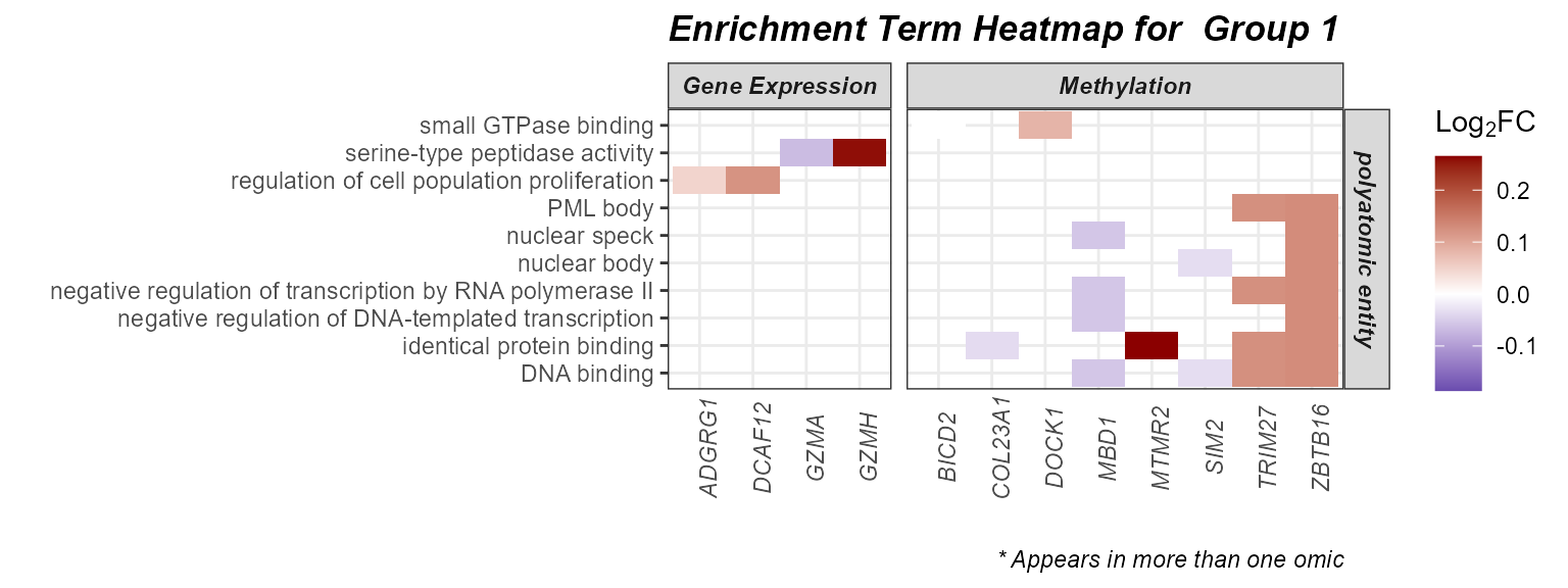 Heatmap of genes driving enriched GO terms (Group 1) with log2 fold-change overlay.