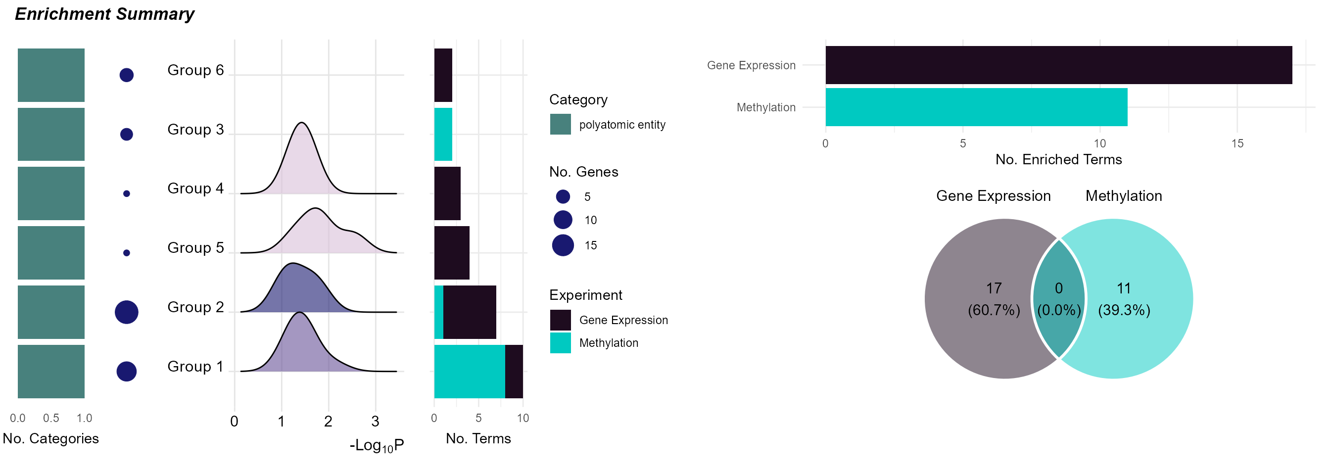Summary of enriched GO terms grouped by overlap and exposure category.
